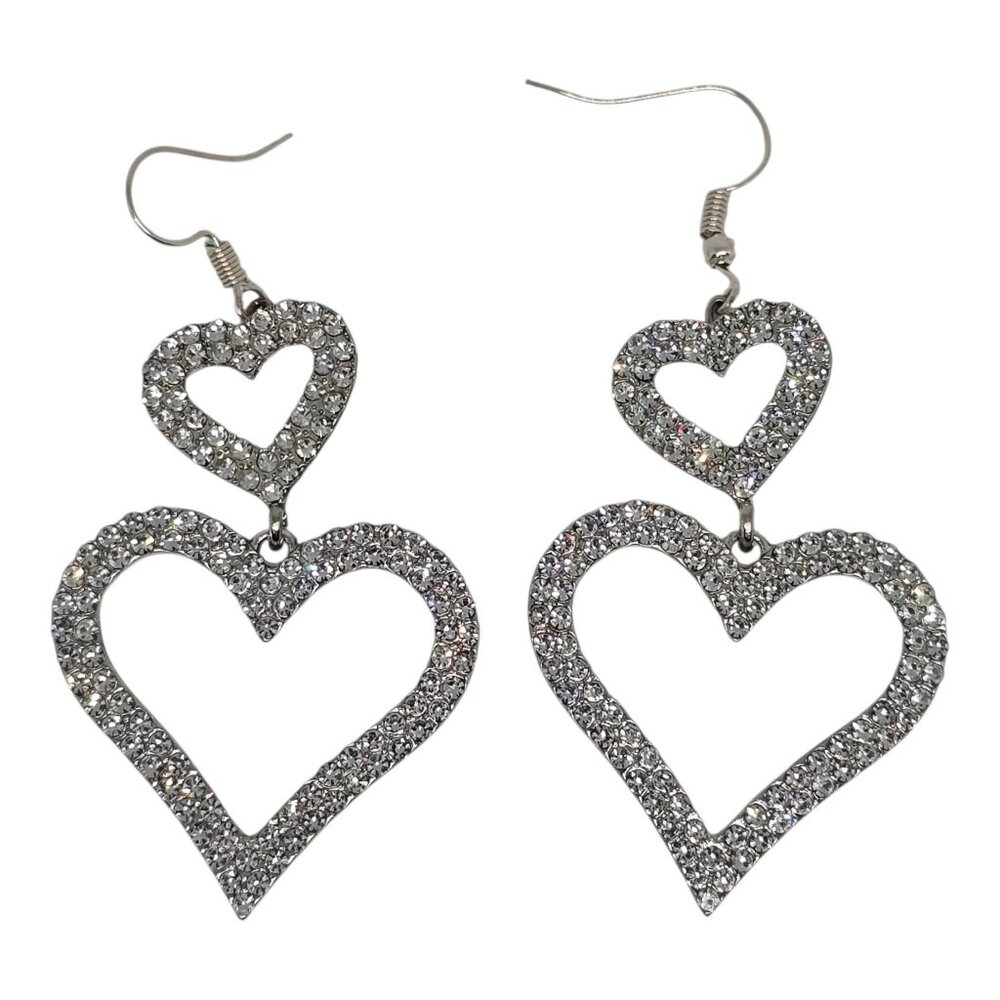 Sparkling Crystal Double Heart Drop Earrings Vintage Style Silver-Tone Openwork